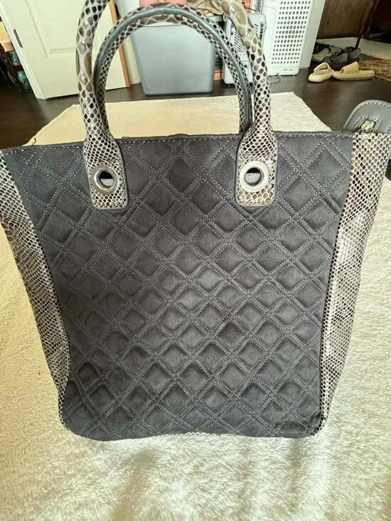 Chico's Gray Quilted Tote Bag Faux Snakeskin Trim and silver Tone - Picture 4 of 7